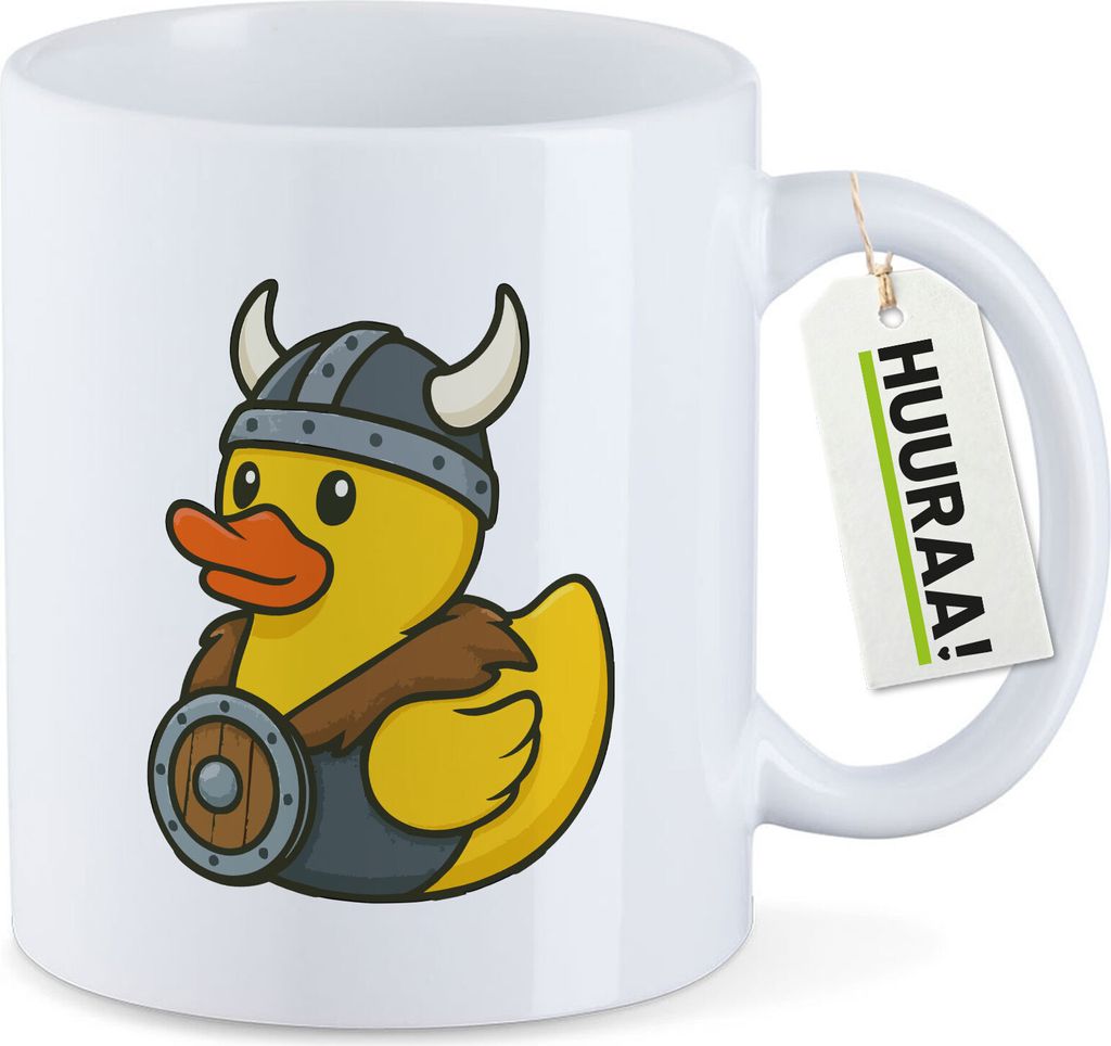 Huuraa Kaffeetasse Quietscheente Wikinger Gummiente Viking 330ml Weiß Keramik Kaffeebecher Geschenkidee