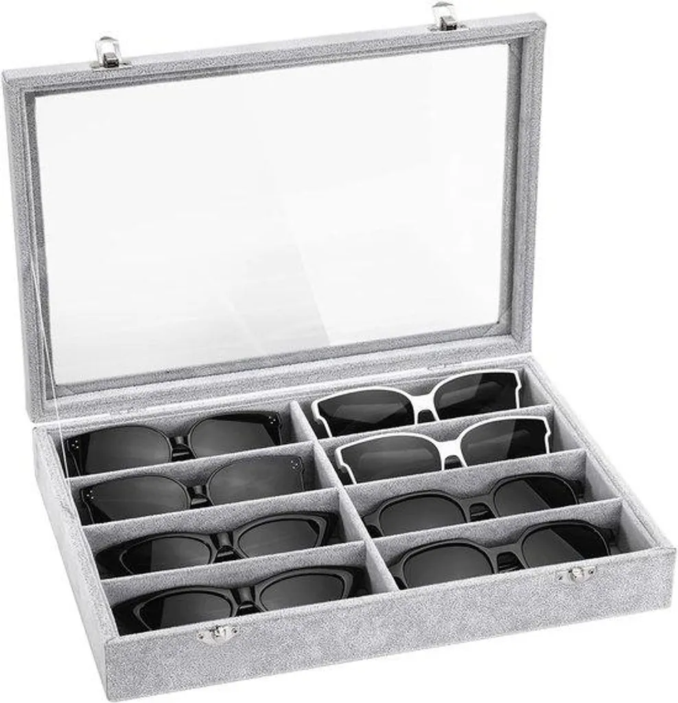 Étui à lunettes à 8 compartiments en velours gris pour rangement bijoux