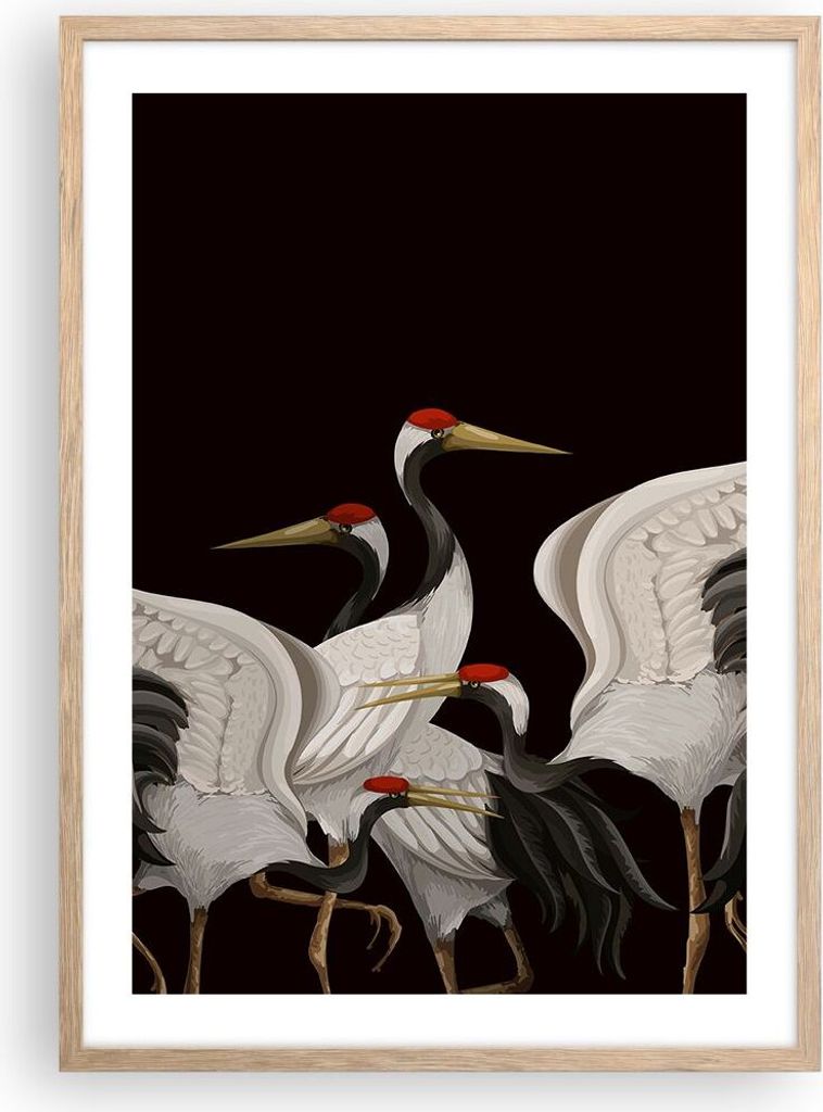 Gerahmtes Poster - Rahmen in heller Eiche - Kraniche Vögel Grafiken - 50x70 cm - Wand Bild - Wanddeko - Wandbilder - Kunstposter - Wandposter - Bi...