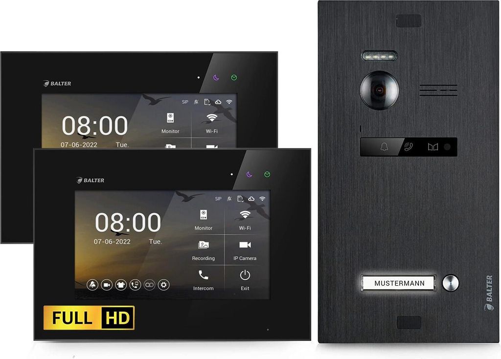 HD Video Türsprechanlage für 1 Familienhaus, 2x Monitore, Balter EVO HD Schwarz
