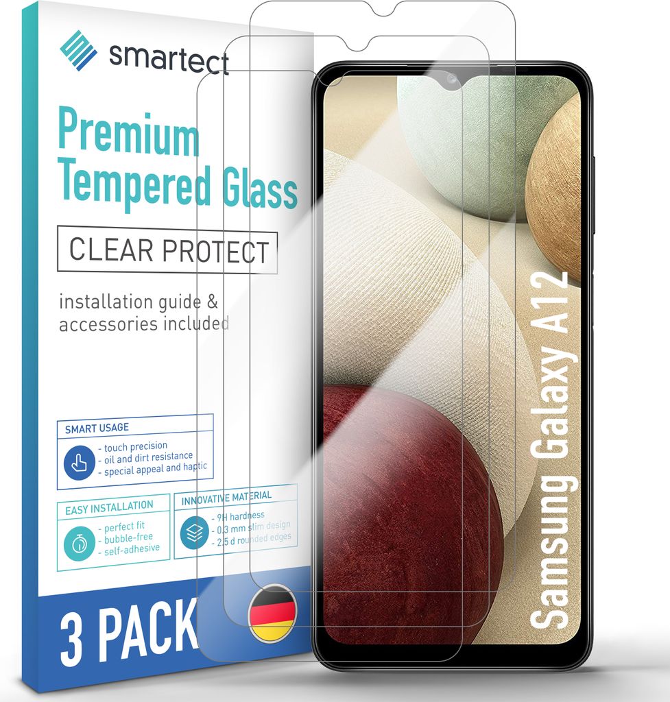 A product packaging for a screen protector for a Samsung Galaxy A12.
