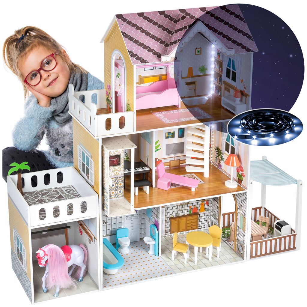 Puppenhaus aus Holz mit 3 Etagen Puppenvilla Puppenstube Puppenmöbel Dollhouse 