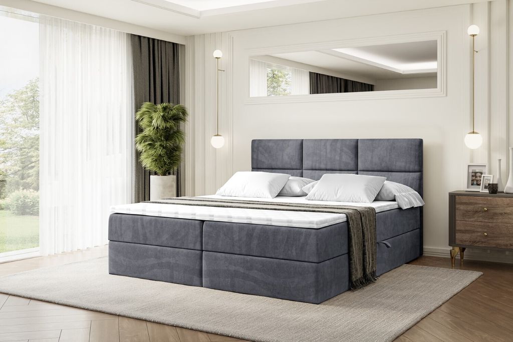 ALTDECOR Boxspringbett mit H4 Matratze und Topper - 200 x 200 cm - OHIO - Dunkelgrau Samt - Polsterbett mit Bettkasten und Lattenrost, Bett mit Sta...