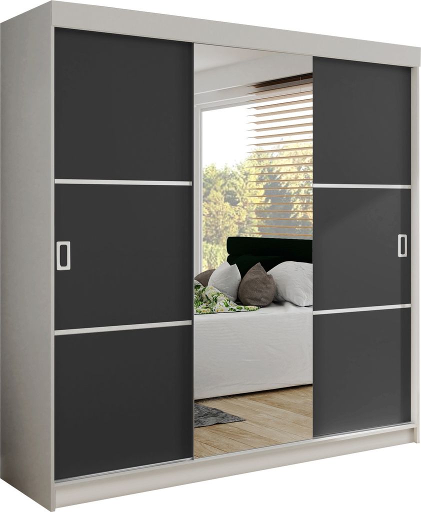 KIER FURNITURE Kleiderschrank mit Schiebetüren BILL 3, Schlafzimmer Schrank, Garderobeschrank, Flurschrank Weiß&Anthrazit 156,4x205x39 cm