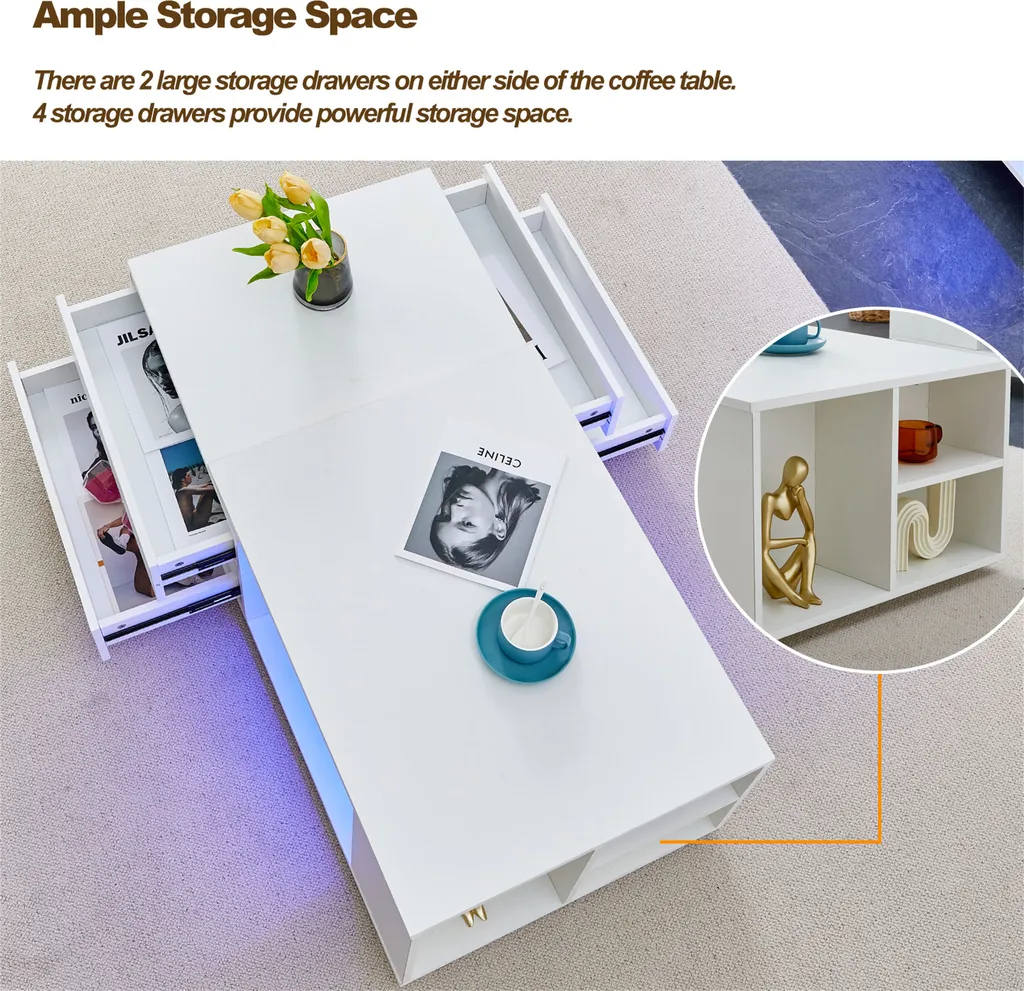 CLIPOP Table basse extensible blanche LED - 4 Tiroirs et Étagère Bois - 11