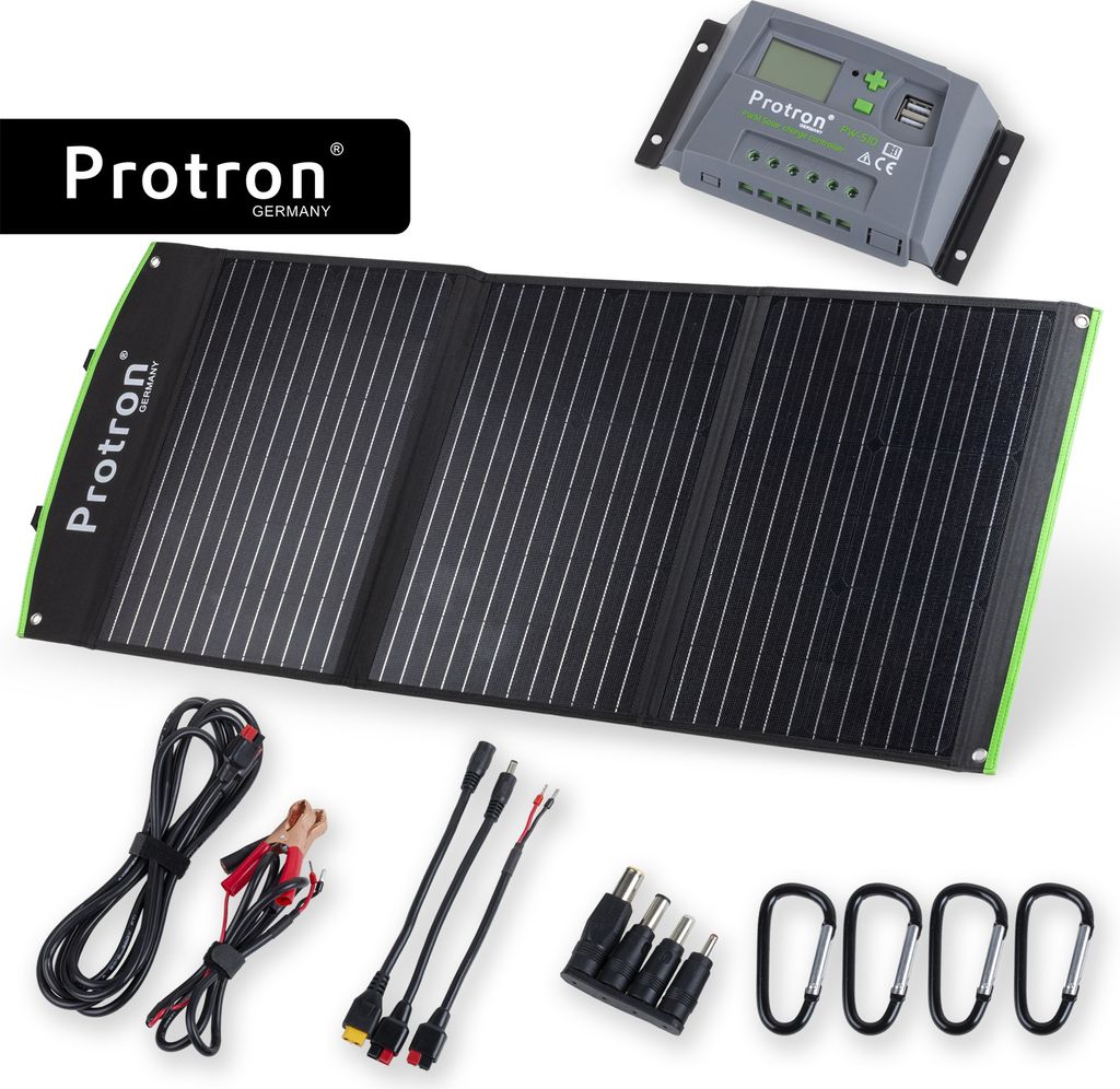 Protron Faltbares 100W Mono-Kristallin Solarmodul Photovoltaik Solarpanel mit PWM Laderegler 12/24V 10A und Zubehör auch für Powerstation, MwSt.-...