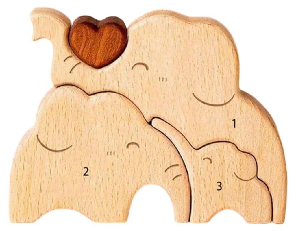 Personalisiertes Elefanten-Familienpuzzle aus Holz mit 2/3/4/5 Familiennamen – Elefantenskulptur als Geschenk zum Einzug, zu Weihnachten, Muttert...