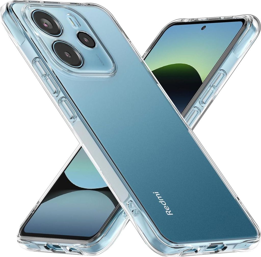 Two transparent phone cases are arranged in an X shape, with one case partially covering a phone screen.