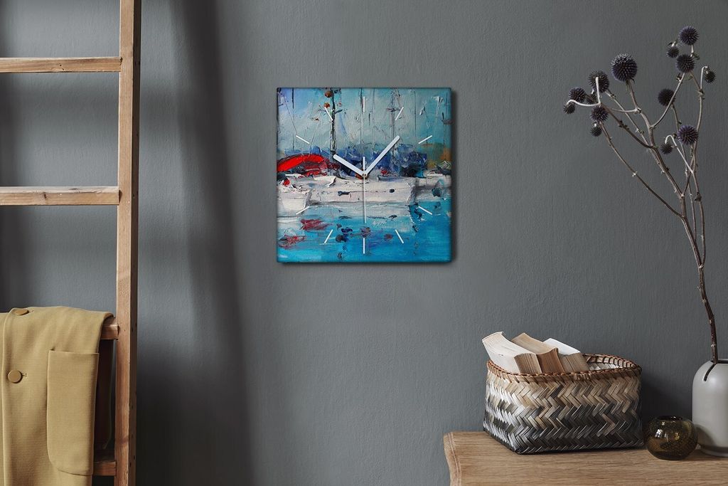 Coloray Hodiny Unikátní 30x30 cm Tiché hodiny Pro obývací pokoj a kuchyň Nástěnné hodiny Plátno Bílé ručičky hodin - Hafen lodí s mo...