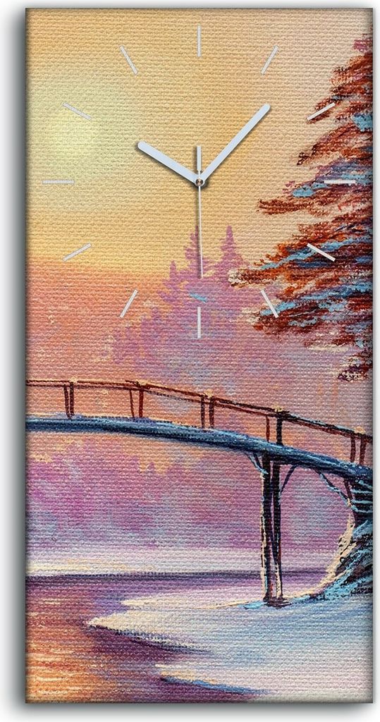 Wanduhr Bürouhr Leinwand Bild Geräuschlos 30x60 Ölgemälde Winter Baum Brücke - weiße Hände