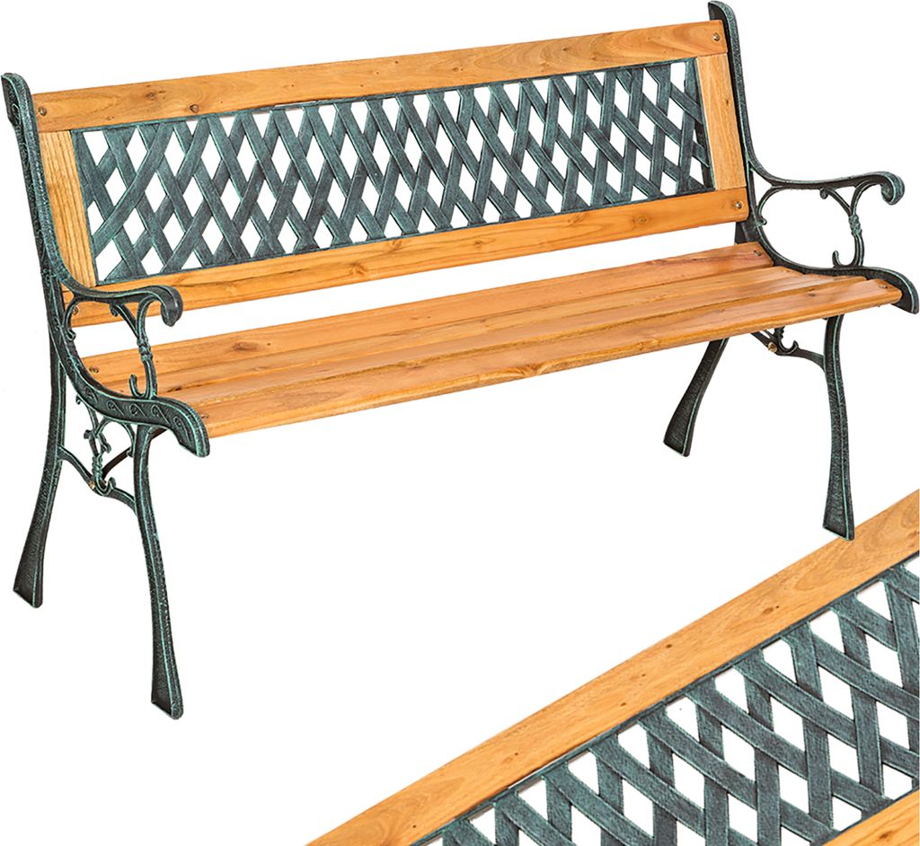 A garden bench with wooden slats and a decorative metal backrest.
