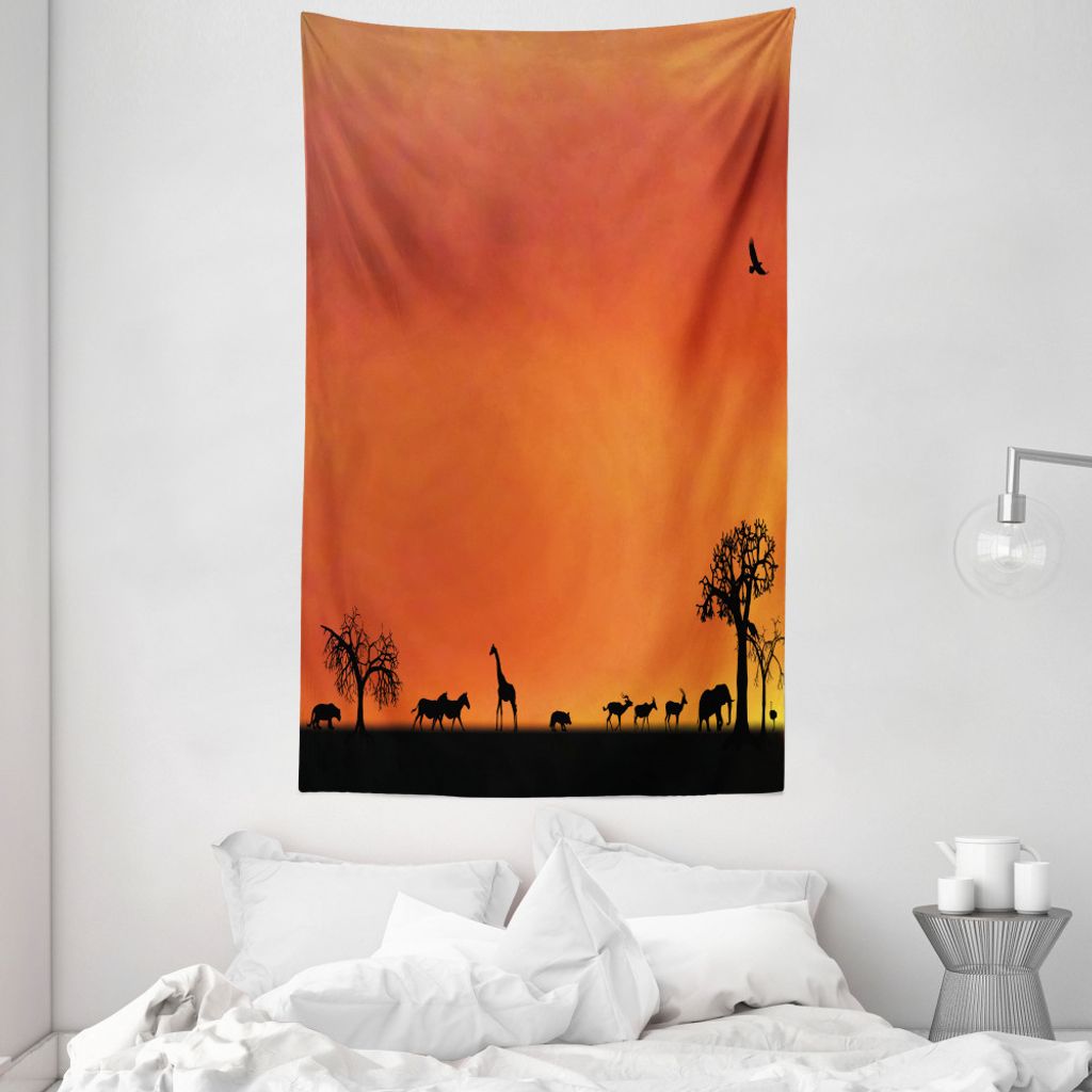 ABAKUHAUS Tier Wandteppich und Tagesdecke, Safari Sonnenuntergang mit Gull aus Weiches Mikrofaser Stoff Waschbar ohne Verblassen Digitaldruck, 140 ...