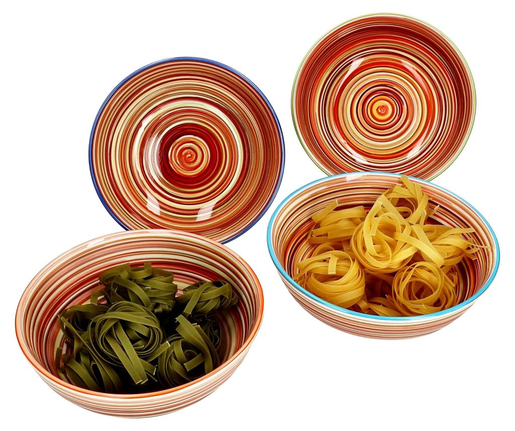 4er Set Spaghetti-Bowl tief I Ø 22,5 cm I 1,25L I mediterrane gestreifte Pasta-Teller mit farbigen Rändern für 4 Personen I Steingut-Geschirr