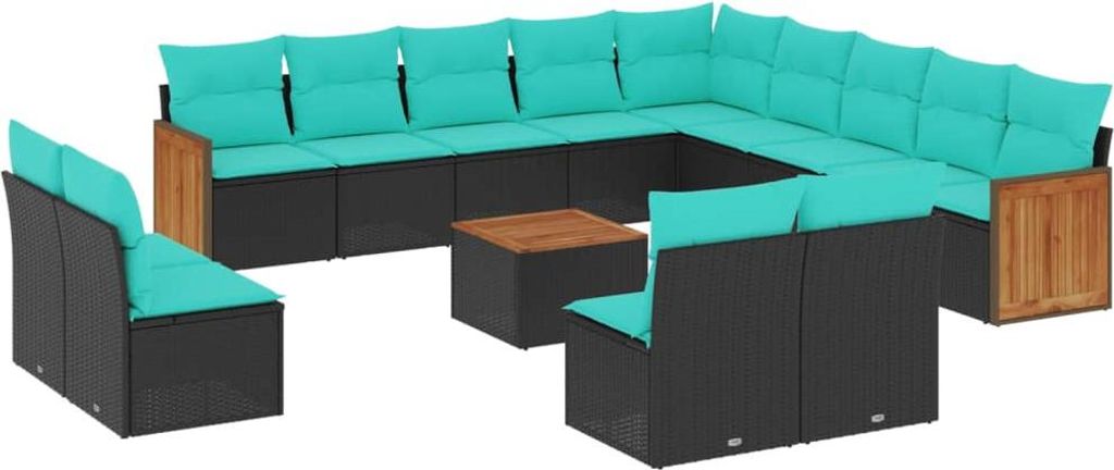 vidaXL 14-teiliges Gartensofa-Set mit Kissen, schwarzes Polyrattan