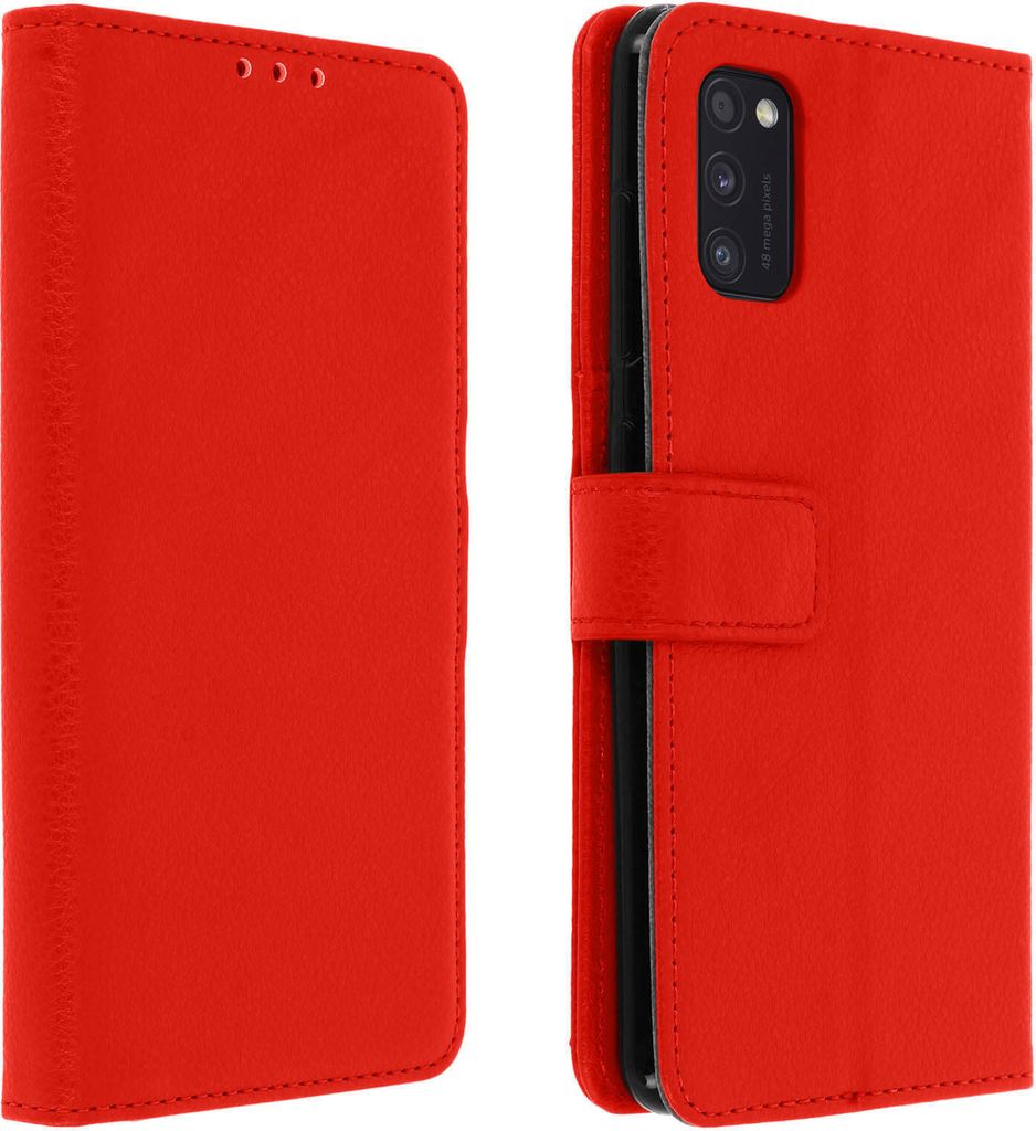 A red flip-cover case for a smartphone is shown from two angles, one open and one closed.