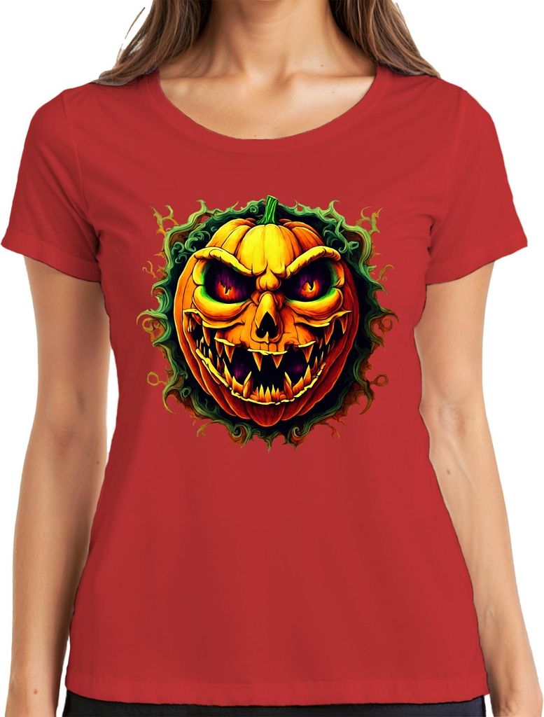 Horrorkürbis Grusel Kürbiskopf Halloween Jack O Lantern Schaurig Damen T-Shirt, Rot, S