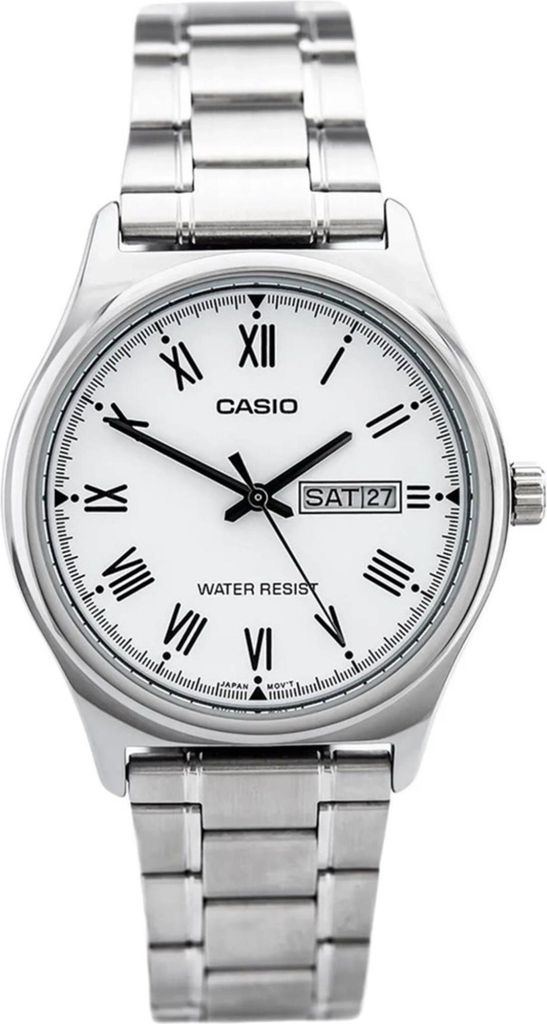 A product shot of a silver and white analog watch with a metal band.