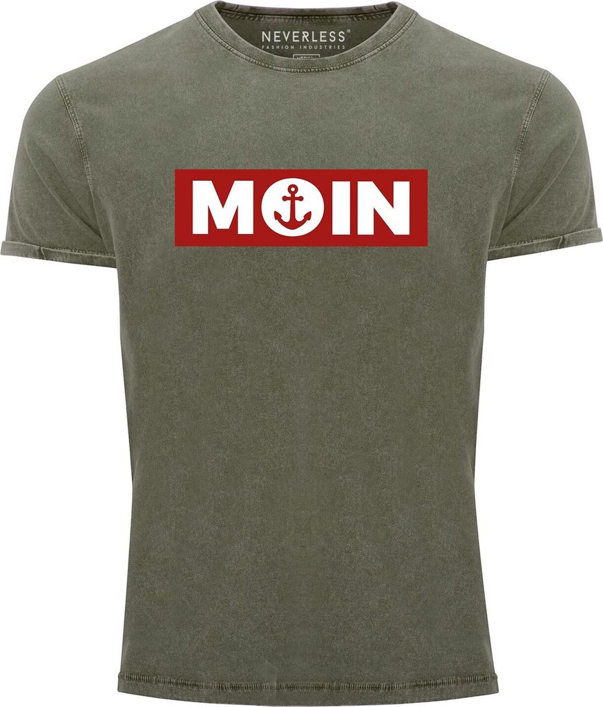 Herren Vintage Shirt Moin norddeutsch Morgen Anker Printshirt T-Shirt Aufdruck Used Look Slim Fit Neverless oliv M