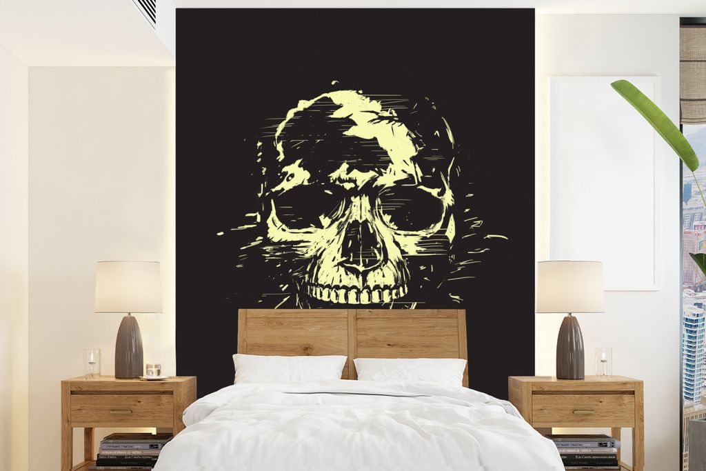 MuchoWow Fototapete für Wohnzimmer oder Schlafzimmer Wandtapete Vinyl Motivtapete Totenkopf - Schwarz - Gelb - Abstrakt - 205x280 cm - Wandbild