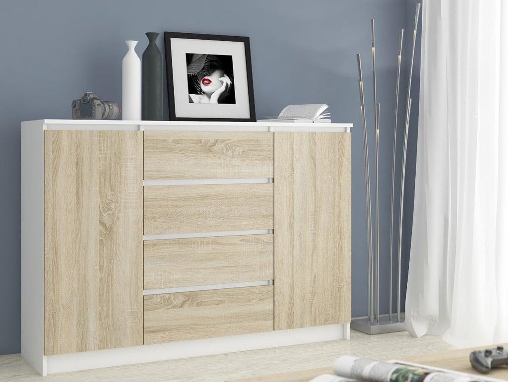 Kommode – Sideboard – Schubladenkommode – 160 cm – Weiß / Sonoma Eiche – Strukturierter Stauraum im zeitlosen Stil