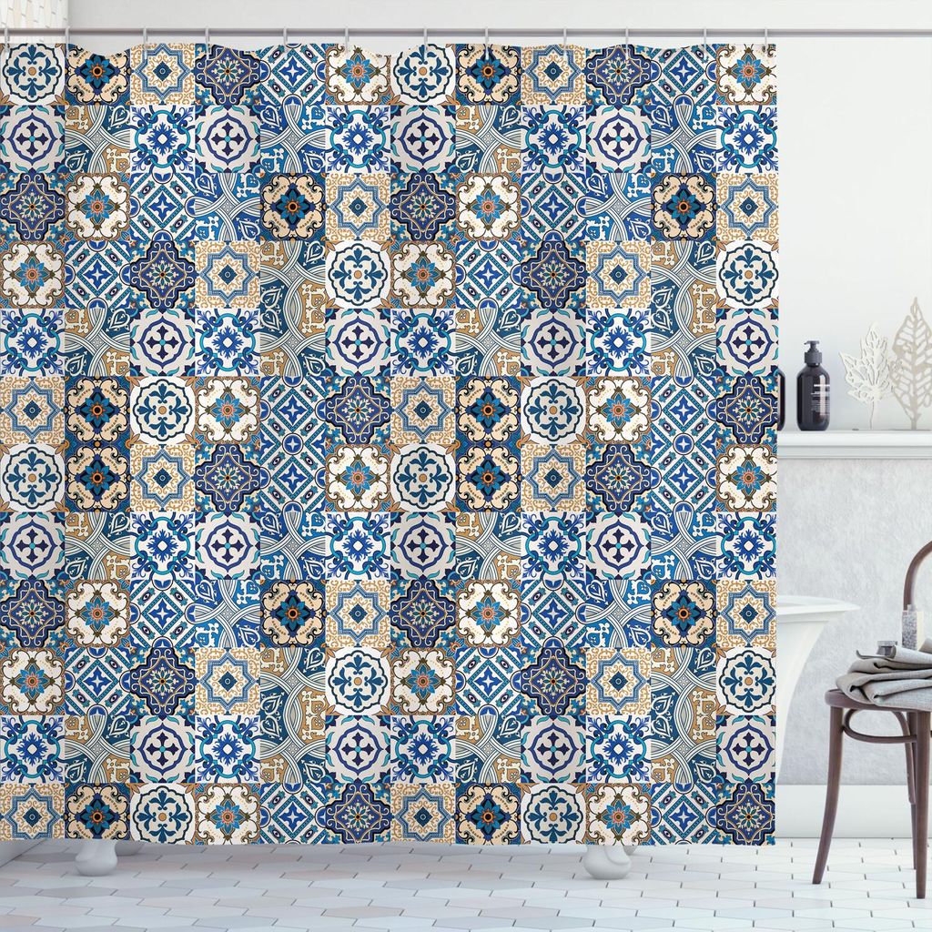 ABAKUHAUS marokkanisch Duschvorhang, Große Portugiesisch Taditionell Azulejo Motiv Orientalisch Locke, 175 x 220 cm, Hellbraun Weiß und Blau