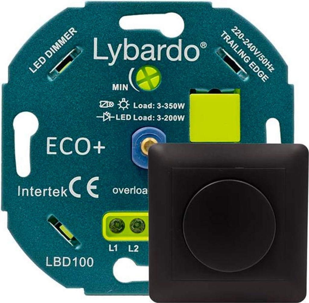 LED-Dimmer Lybardo Eco+ 3-200 Watt mit schwarzem Dimmerscheibe| Universal | Unterputz | Phasenabschaltung