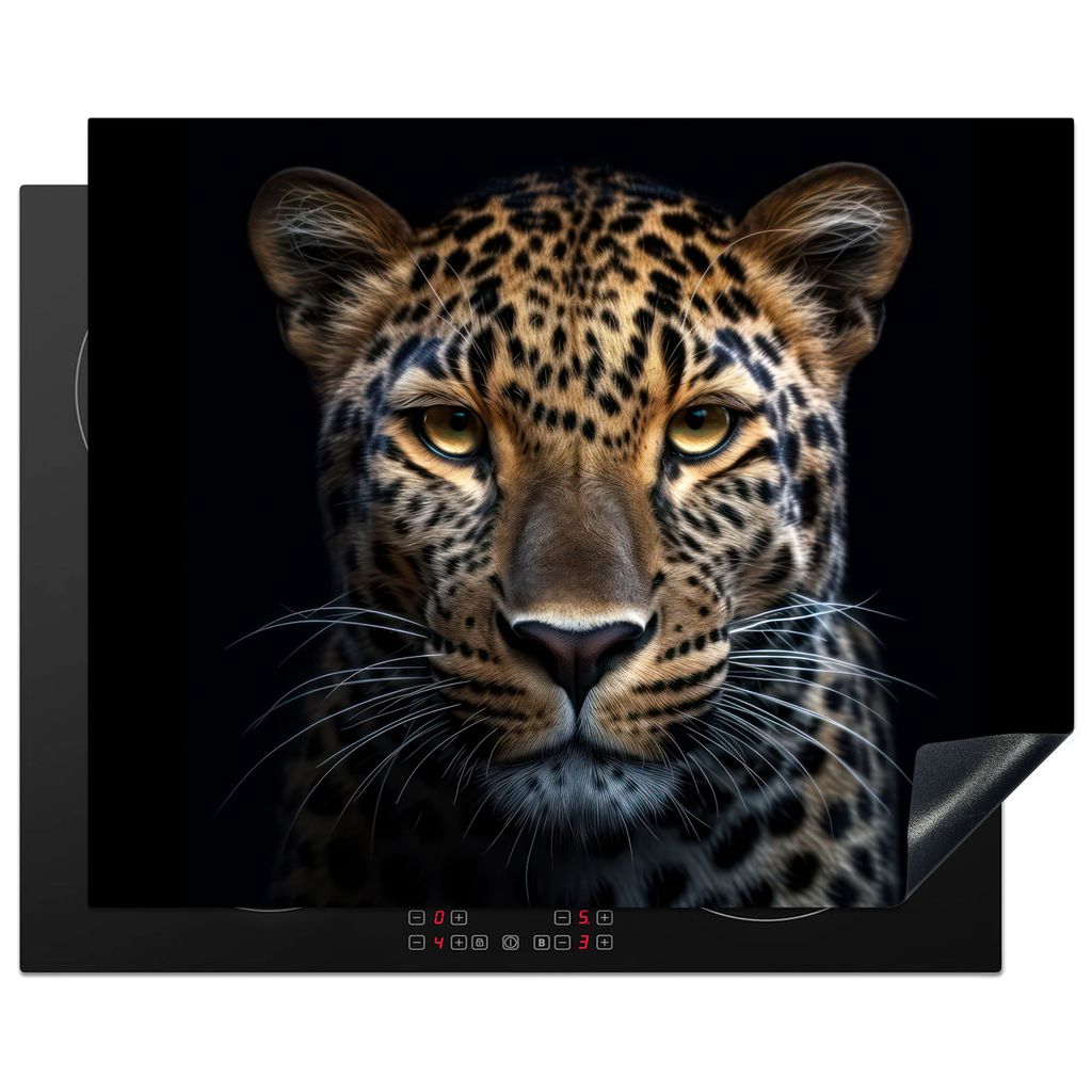 KitchenYeah Herdabdeckplatte Tiere - Leopard - Porträt - Schwarz , 65x52cm, Küche Deko, Glaskeramikkochfeld Herdabdeckung, Abdeckplatte fùr Ko...