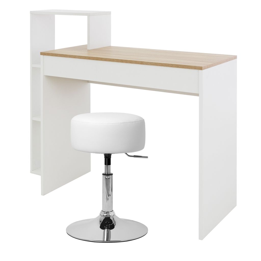 ML-Design Schreibtisch mit Sitzhocker, Weiß/Sonoma-Eiche, Computertisch mit Regal, Polsterhocker Hocker Ø33cm drehbar höhenverstellbar