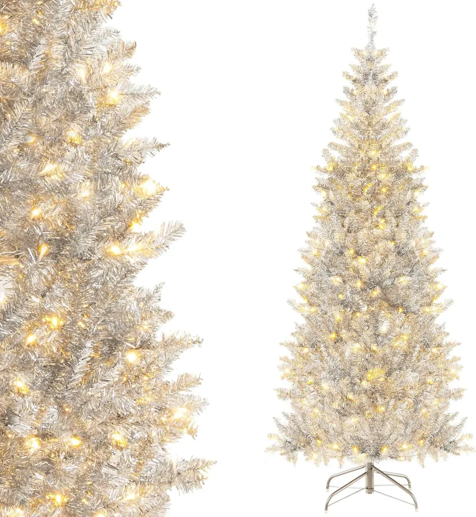 Sapin Argenté 180 cm de Type Crayon avec 170 LED et Pied Métal Résistant