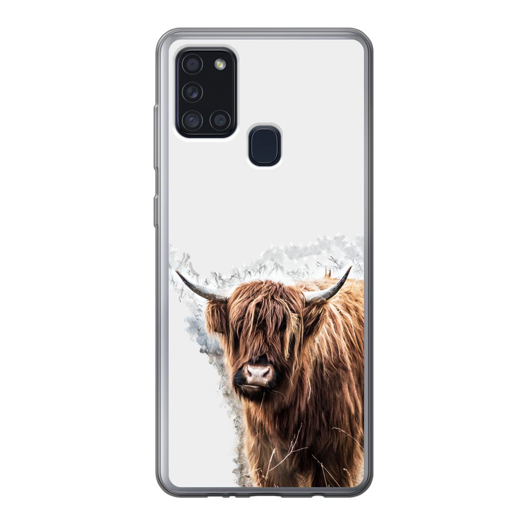 MuchoWow Handyhülle Schutzhülle Hülle für Samsung Galaxy A21s Schottischer Highlander - Farbe - Grau Silikon Softcase Handy Hülle - Hartschale