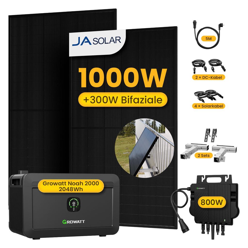 Powerness Balkonkraftwerk mit Speicher, 2x JA Solar 500W Module & Growatt 800W Mikro-Wechselrichter & Growatt NOAH 2000 & 2x Balkon-Halterung(Silber)