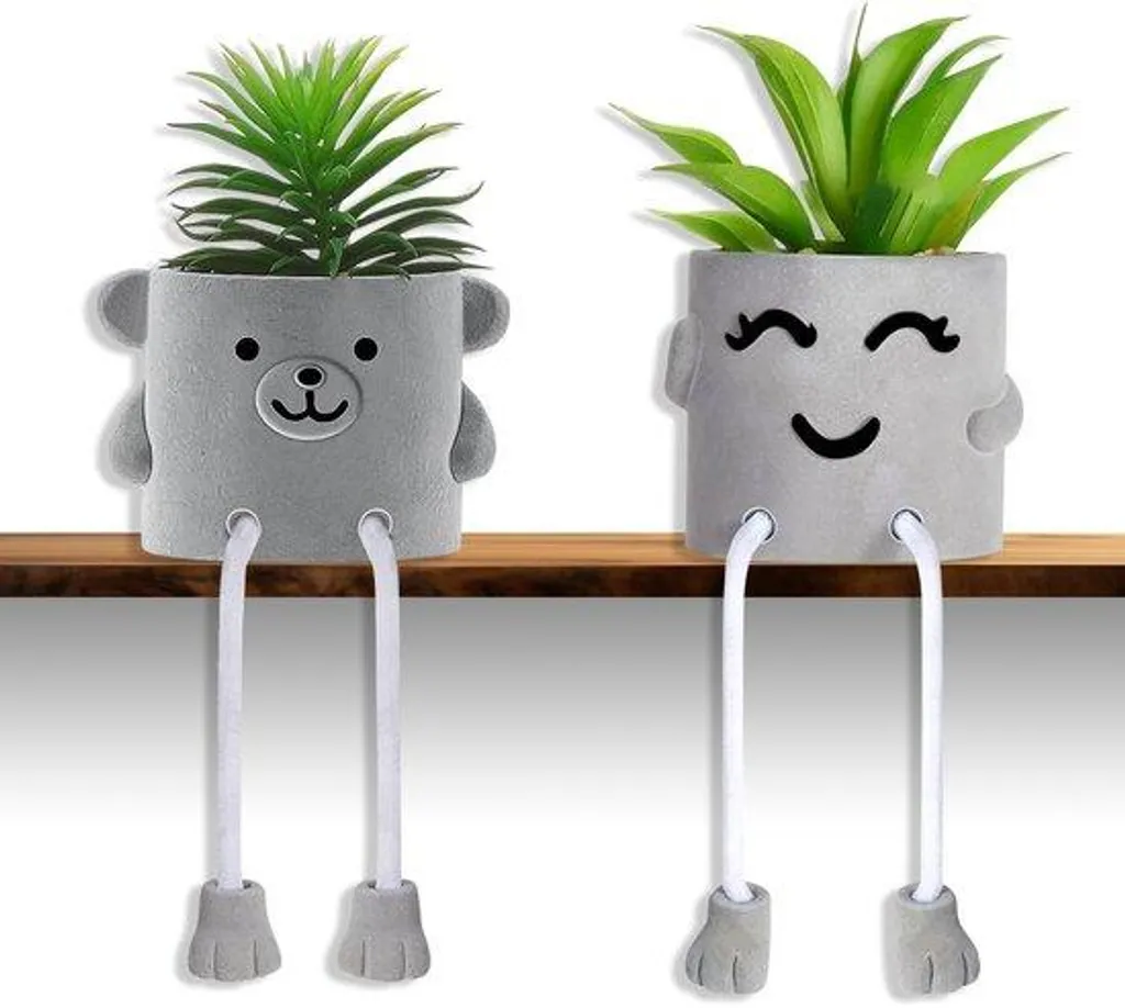 Lot de 2 petites plantes artificielles avec visage décoratives en pot