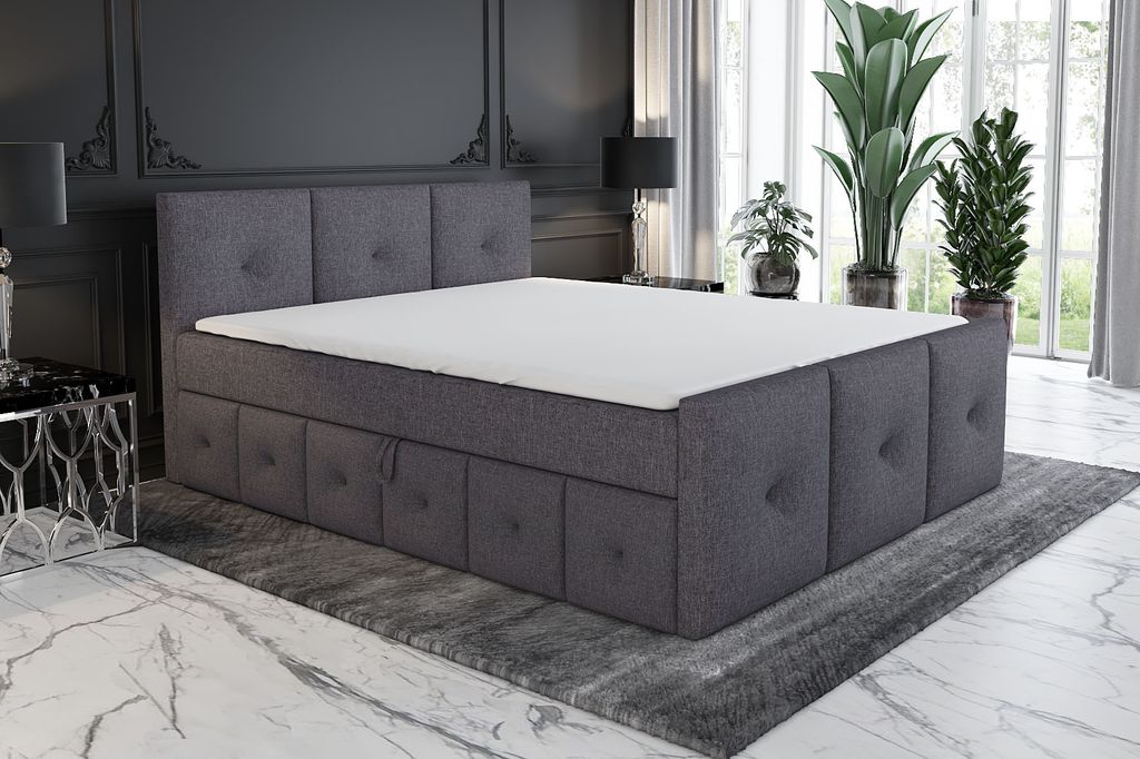 Boxspringbett KLARA 160x200 mit 2 Bettkästen, Bonell-Matratze und Topper. Farbe: Dunkelgrau.