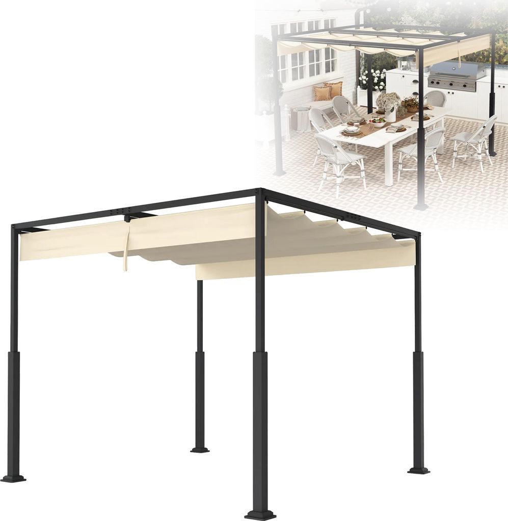 A freestanding pergola with a retractable canopy, shown against a white background. A smaller inset image shows the pergola set up outdoors with a dining table and chairs.