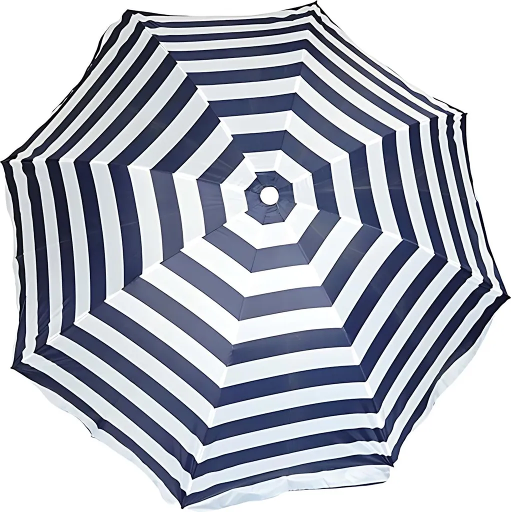 Parasol de plage à rayures bleu marine 200 cm avec mât en acier robuste