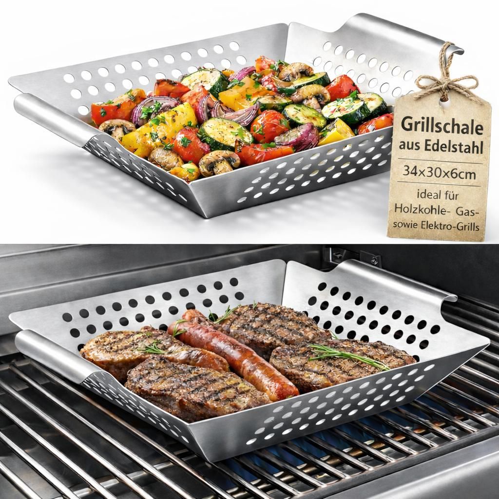 Grillschale Edelstahl 34x30x6 cm – Grillkorb für Gemüse & Fleisch – BBQ Grillzubehör für Gas-, Holzkohle- und Elektrogrills