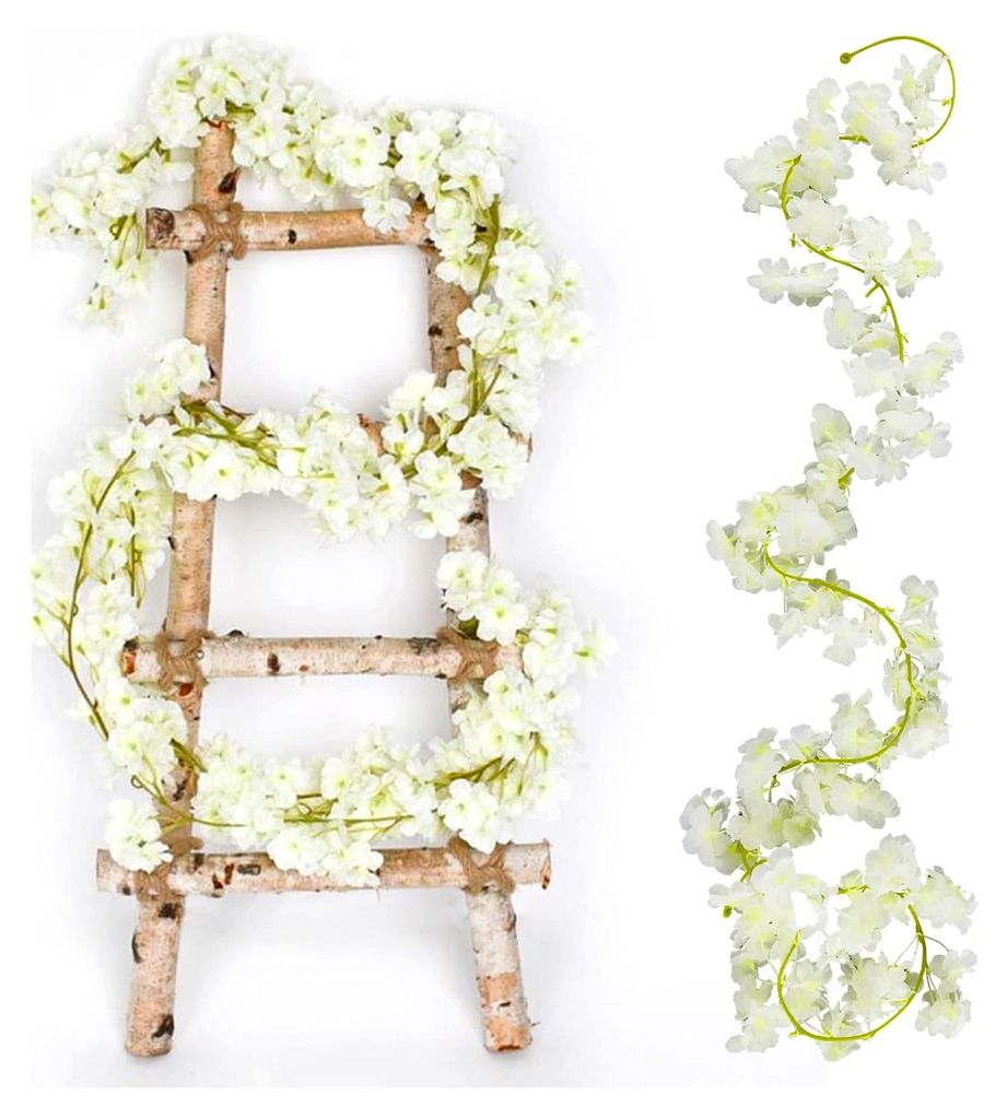 2 Stück Blumengirlande Deko, Kirschblüten Deko 1,8 m, Kunstblumen Hängend, 135 Blütenköpfe Weiß, für Hochzeit, Party, Haus, Garten, Bögen, ...