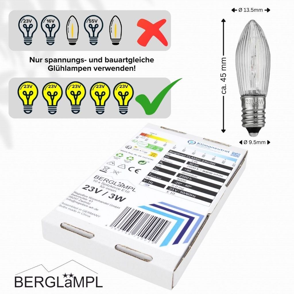 10x Stück E10 23V/3W Ersatzlampe für Schwibbogen, Produktbild 4