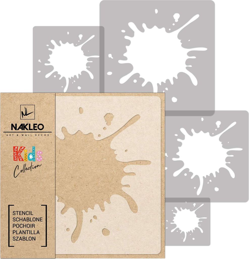 Schablonen Malen für Kinder, 5 Stück Set 9x9 cm bis 34x34 cm Klecks Verschmieren Spritzer, Wiederverwendbare Kunststoff für Kinderzimmer Malvorl...