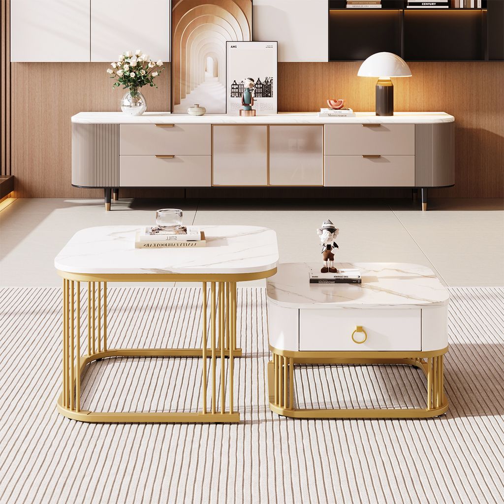 Couchtisch Stapelbarer mit Schubladen Tisch Beistelltisch Hochglänzende Marmoroptik Goldene Akzente Couchtisch-Set
