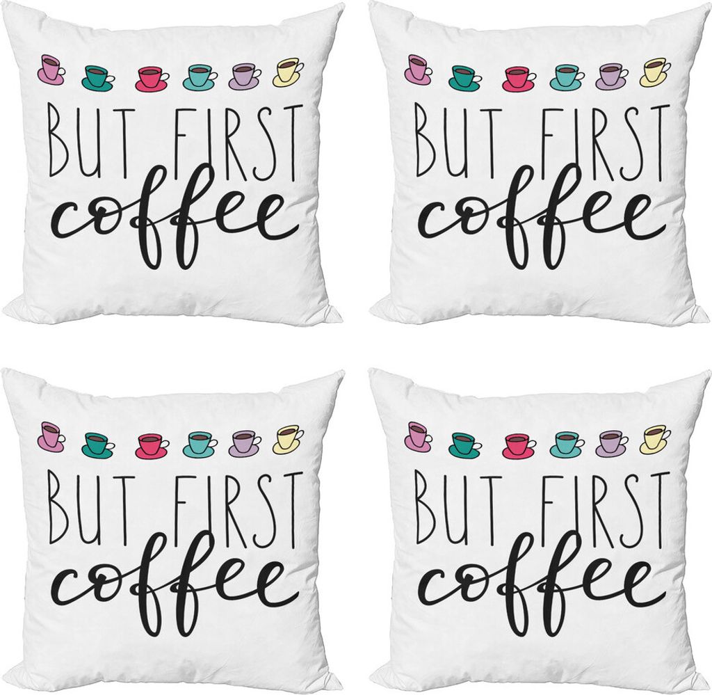 ABAKUHAUS Aber zuerst Kaffee Kissenbezug Set (4 Stück), Wording Tiny Cups, Moderner Doppelseitiger Digitaldruck, 50 cm x 50 cm, Perlen und Multicolor
