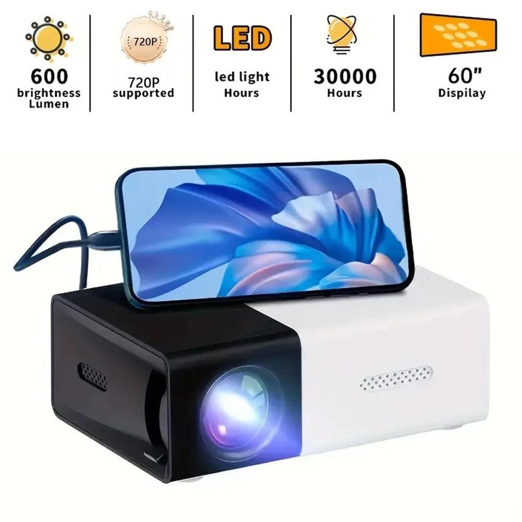Tragbarer Mini Projektor mit Standfuß, 1080P HD, LED Heimkino Beamer, USB/SD/AV/HD Anschluss, für Smartphone & Video Wiedergabe