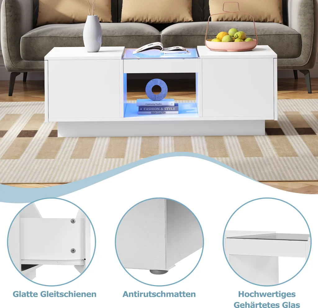 Table Basse Blanche avec LED Multicolores APP et 2 Tiroirs de Rangement - 6