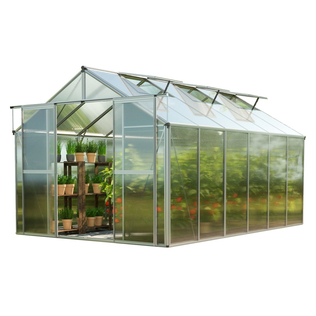 A greenhouse with plants inside, shown against a white background.