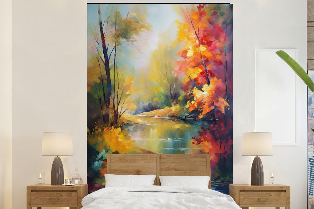 MuchoWow Fototapete für Wohnzimmer oder Schlafzimmer Wandtapete Vinyl Motivtapete Landschaft - Ölgemälde - Fluss - Farbenfroh - 195x300 cm - D...