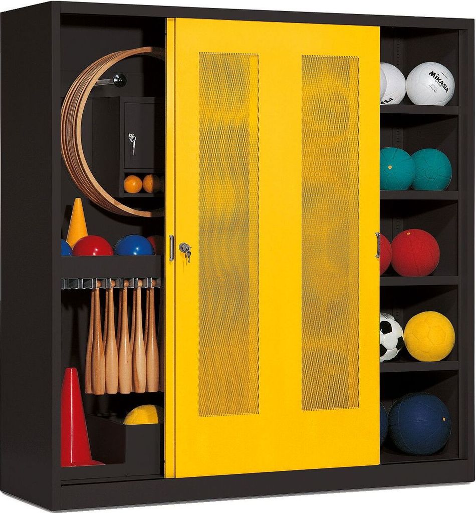 C+P Sportgeräteschrank mit Lochblech-Schiebetüren (Typ 5), HxBxT 195x190x60 cm, Verkehrsgelb (RAL 1023), Anthrazit (RAL 7021), Gleichschließung