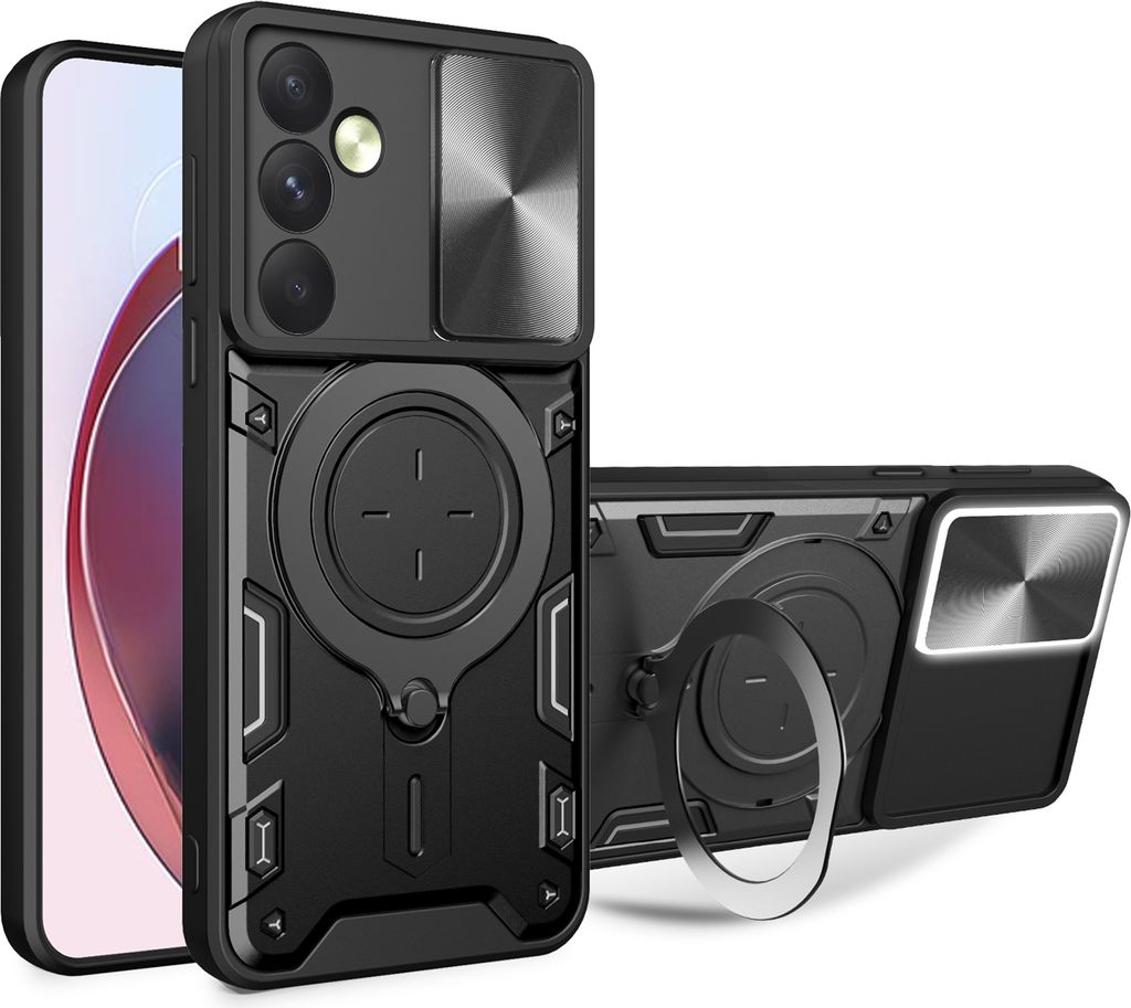 Handyhülle für Samsung Galaxy A35 Dual-Layer Stoßfest Rüstung Hülle mit Dia Kameraschutz und Kreisförmig Ring Ständer Schwarz