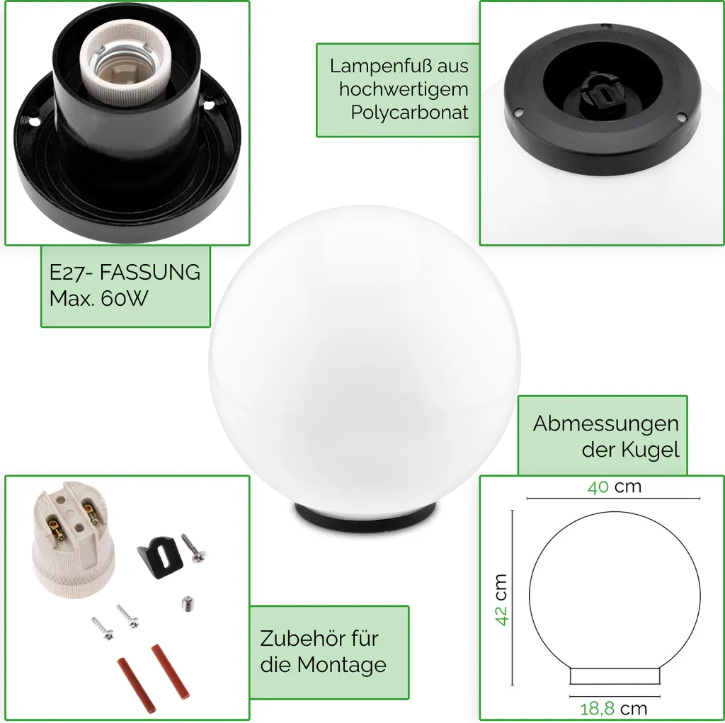 Globe de jardin 40 cm étanche IP44 blanc avec diffuseur haute qualité - 9