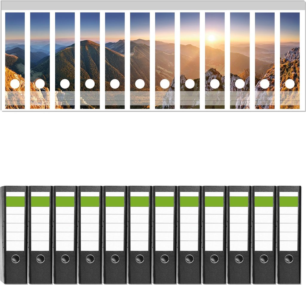 Wallario 12 Stück breite Ordner inkl. Klebeetiketten mit Motive Berglandschaft mit Sonnenuntergang in der Slowakei - Set mit Rückenschildern / Or...