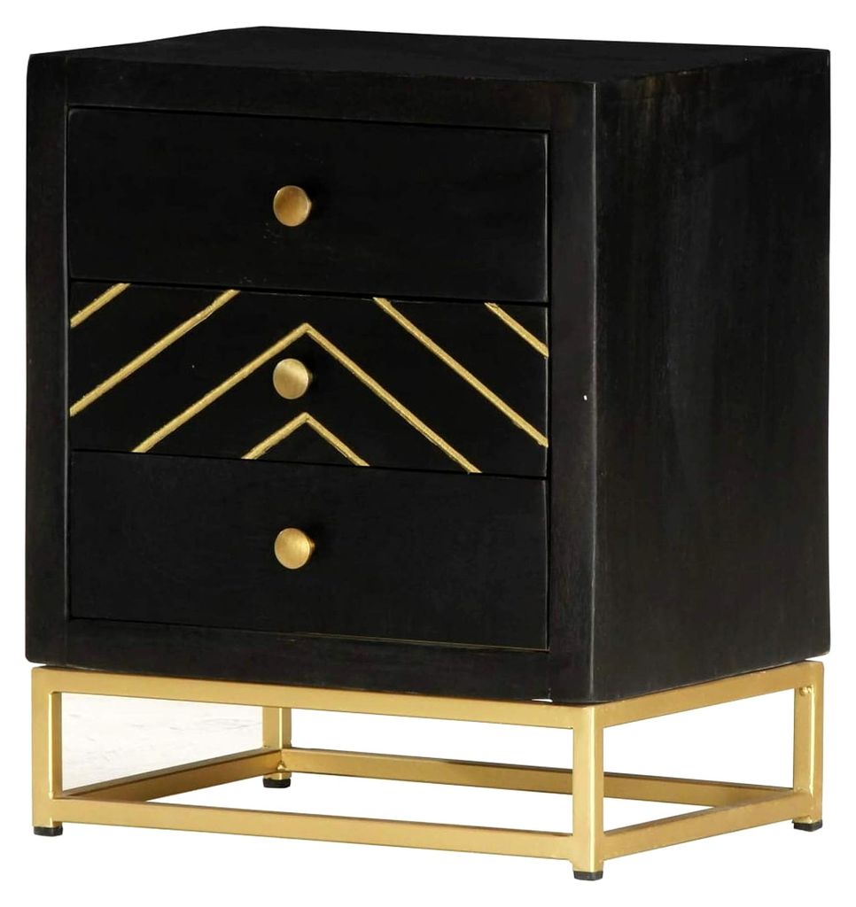 Nachttisch in Schwarz und Gold, 40 x 30 x 50 cm, aus massivem Mangoholz
